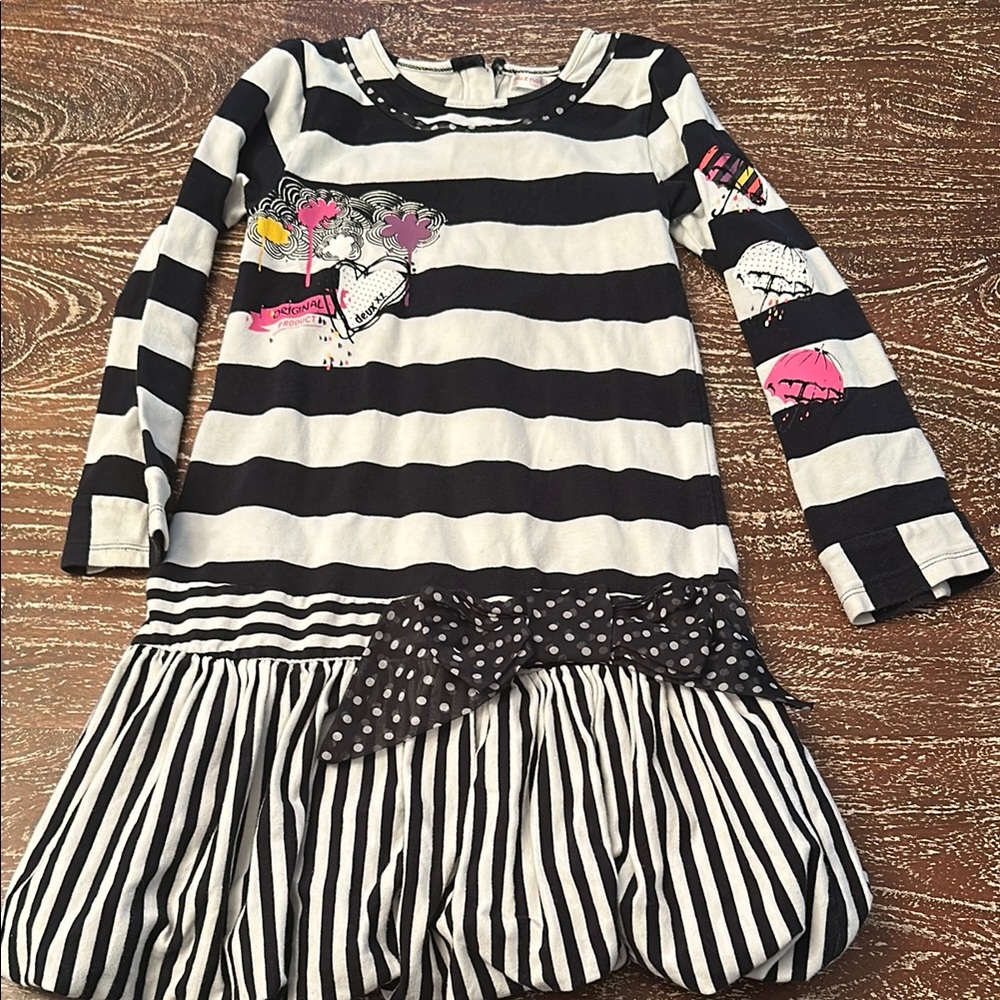 Deux par Deux Black and White Ruffled Tie Front Dress